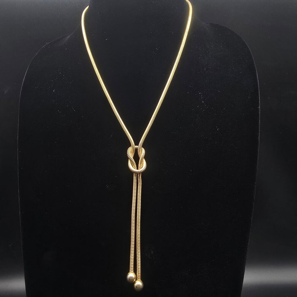 Gold Tone Knotted Y Drop Necklace Vintage Costume Jewelry